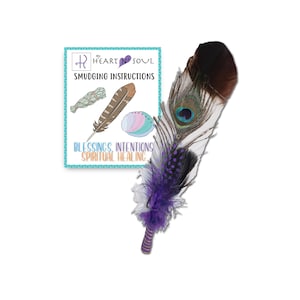 Smudge Feather, Turkey and Peacock, Unique Homecrafted Energy Cleansing Clearing Spiritual Practice House Smudging (Purple)