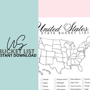 May include: A printable United States state bucket list with a black and white outline map of the United States. The states are labeled with checkboxes for each state. The text "United States State Bucket List" is at the top of the page.