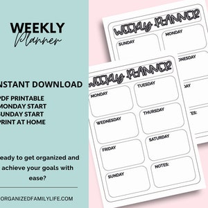 Week at a Glance Printable | Simple Weekly Planner | Instant Download PDF | Sunday & Monday Week Start