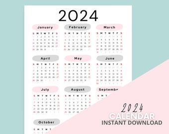 2024 Calendar Printable | Sunday Start, Letter Size | Simple Vertical Yearly Calendar Instant Download - PDF