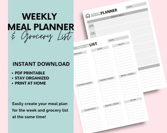 Grocery List & Meal Plan Printables | Simple Grocery List, Food Shopping List | Weekly Printable Meal Plan Template | Instant Download - PDF