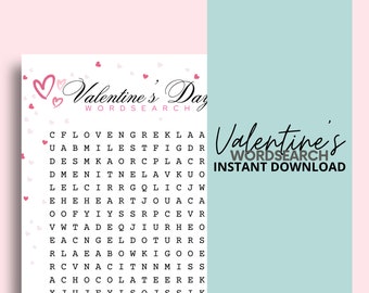 Valentine Wordsearch Printable Puzzle | Word Game with Answer Key | Activities for Kids | Activities for Adults | Instant Download - PDF