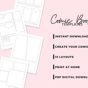 May include: A set of 15 printable comic book templates. The templates are black and white and feature different layouts for creating your own comic book. The text on the image reads "Comic Book Templates", "Instant Download", "Create Your Comic", "15 Layouts", "Print At Home", and "PDF Digital Download".