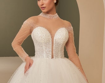 Fairy Wedding Dress, Glitter Tulle Wedding Dress, Beaded Mesh Pearl Bridal Dress, Princess Wedding Dress, Deep V-neck Dress, Ivory Ball Gown