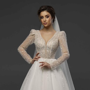 Princess Bridal Dress with Classic Long Sleeve, A-Line Bridal Gown with Sequins, Plunging Neckline Wedding Dress, Deep V-Neck Wedding Dress