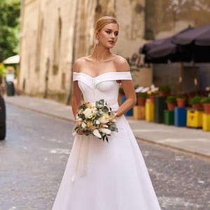 Open Shoulders Minimalist Wedding Dress, Fitted Wedding Dress of Satin, Open Corset, Loose Wide Straps, Romantic Bridal Dress with Train