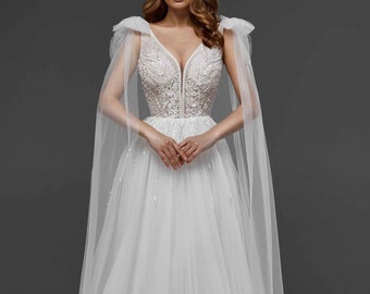 Princess Fairy off Shoulder Wedding Dress, Wedding Gown with Removable Decorative Shoulders, Elegant Wedding Dress, Unique Bridal Dress