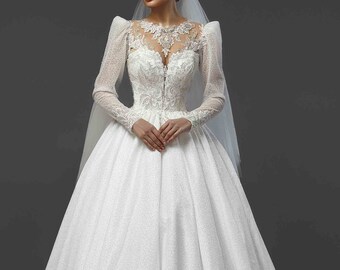 Princess Sparkly Wedding Dress with Long Sleeve, Royal Ivory Bridal Dress, Wedding Dress with Train, Beaded Ball Gown, Lace SWedding Gown