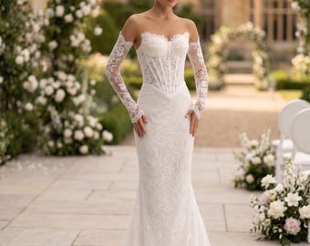Vestido de novia de encaje Chantilly, vestido de novia de sirena con hombros descubiertos, mangas largas de encaje, corsé de encaje y cola.