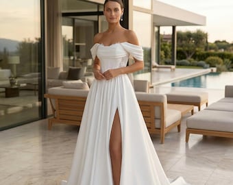 Korsett weg von der Schulter Brautkleid, drapierte Ärmel, weiche baskische Taille, Luxus Satin Brautkleid mit Spitze Details
