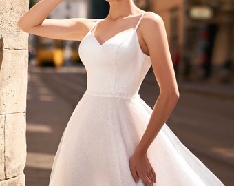 Simple Shimmer Wedding Dress, A-line Wedding Dress, Minimalist Open Back Wedding Dress, Elopement Dress, Wedding Dress, Backless Bridal Gown