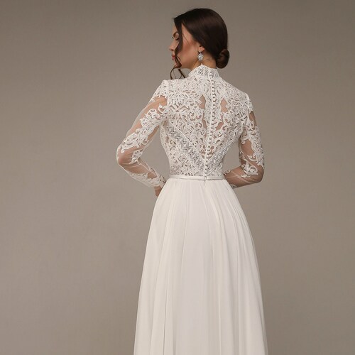 High Neck Mermaid Long Sleeves Lace Wedding Dress Elegant - Etsy