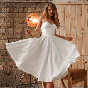 Corset flowing midi-length dress, off shoulder bridal dress, boho wedding dress, simple wedding gown, tea length bridal dress open back gown
