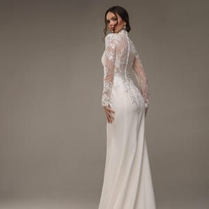 Handmade satin bridal dress, bohemian dress, maxi wedding dress train, long sleeves lace decorations, luxurious wedding dress, high neck