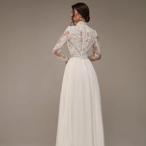 Bohemian Chiffon Wedding Dress, Boho Beaded A-line Wedding Dress, Handmade Maxi Wedding Dress With Train, Long Sleeves With Lace Decorations