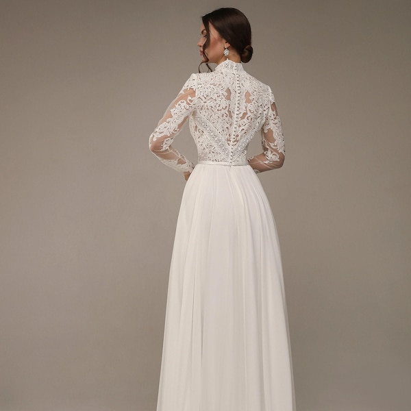 Boho Chiffon Brautkleid, Boho Perlen Brautkleid in A-Linie, handgefertigt Maxi Brautkleid mit Schleppe, lange Ärmel mit Spitzendekorationen