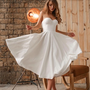 Corset Flowing Midi-Length Dress, Off Shoulder Bridal Dress, Boho Wedding Dress, Simple Wedding Gown, Tea Length Bridal Dress Open Back Gown