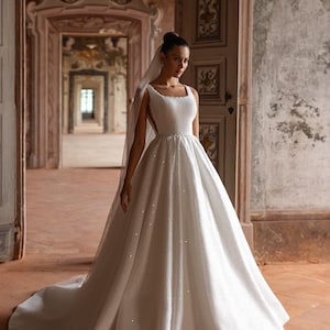 Elegant Lace Wedding Dress with Sequins, Puffy A-Line Bridal Gown, Open Corset Bodice Dress, Princess Style Wedding Gown, Dress With Train