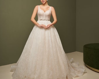 Fairy Wedding Dress with Beaded Belt, A-Line Wedding Dress, Glitter Tulle Wedding Gown, Bridal Gown with Train, Open Back Wedding Dress