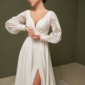 Simple Chiffon Wedding Dress | Boho Bridal Dress with Lace | Minimalist Elopement Dress with Long Sleeve | Beach Bridal Gown | Custom Size