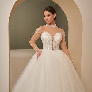 Charming Wedding Gown With Glittering Tulle, Pearl-Embellished Bridal Dress With Beaded Mesh, Ivory Princess Dress, Deep V-Neck Bridal Dress