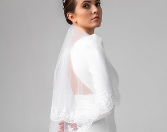 Veil with Two Tiers, Short Lace Wedding Veil, Two Tier Bridal Veil, White Soft Wedding Veil, Tulle Veil, Ivory Veil, Cathedral Bridal Veil