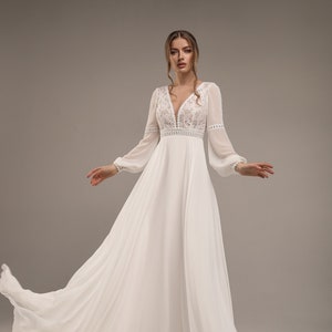 Bridal Simple Wedding Chiffon Dress Long Sleeve, Boho Lace Ivory Dress, Wedding Beach Dress, Bohemian Bridal Dress, Plus Size Bridal Gown image 1