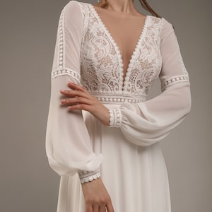 Boho Chiffon Maxi Wedding Dress | Lace Wedding Dress with Long Sleeves | Bohemian Wedding Dress | Delicate Bridal Gown | Simple Bridal Dress