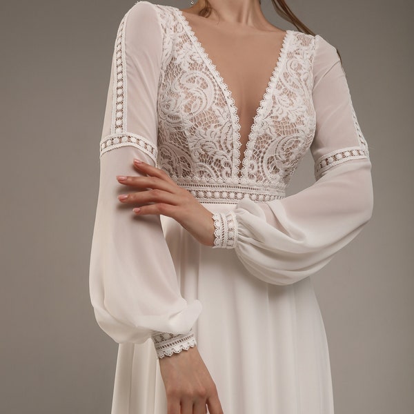 Boho Chiffon Maxi Wedding Dress | Lace Wedding Dress with Long Sleeves | Bohemian Wedding Dress | Delicate Bridal Gown | Simple Bridal Dress