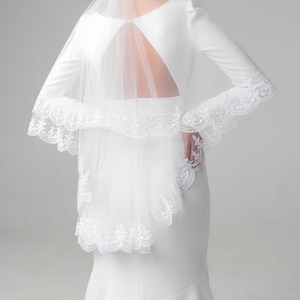 Short Lace Wedding Veil, Veil with Two Tiers, Two Tier Bridal Veil, White Soft Wedding Veil, Tulle Veil, Ivory Veil, Fingertip Bridal Veil