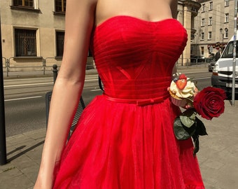 Red Mesh Corset Top With Satin Cups, Prom Dress, Bridesmaid dress, Wedding Dress Guest, Midi Cocktail Gown, Party Dress, Graduation Dress