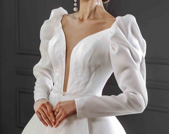 Unique organza wedding dress with puff sleeves, matte elegant design wedding dress, Deep V-neck corset wedding gown, long train bridal dress