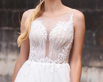 Lace Appliqués Corset Wedding Dress with Buttons, Gorgeous Transparent Lace Top Bridal Gown, Flowing Elegant Design Wedding Dress