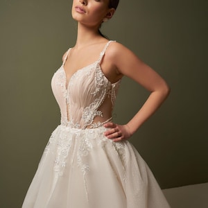 Shiny Tulle Wedding Dress, Beach Wedding Dress, Open Back Wedding Dress, Sparkle Bridal Dress, Beaded Lace Wedding Dress, Deep V-neck Dress
