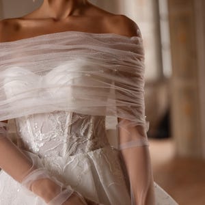 Royal Ball Gown Bridal Gown, Off Shoulder Wedding Dress with Modern Removable Sheer Cape, Lace Skirt with Sequins, Long Train Bridal Dress
