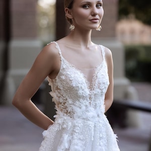 Ethereal A-Line Wedding Dress with 3D Floral Lace, Sparkling Tulle Skirt, Hand Embroidered Straps, Deep V-Neck Bridal Gown, Dress With Train