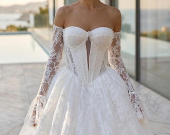 Off Shoulder Lace Wedding Dress, Sheer Corset Bridal Gown with Trendy Detachable Lace Long Sleeves