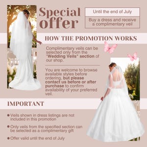 The image is a promotional poster for a special offer on wedding veils. It features images of a bride in a white wedding dress and a woman in a white wedding dress with a veil, along with text providing details about the promotion.
