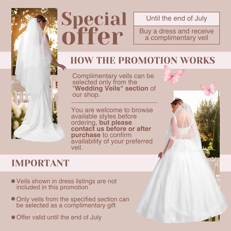 The image is a promotional poster for a special offer on wedding veils. It features images of a bride in a white wedding dress and a woman in a white wedding dress with a veil, along with text providing details about the promotion.