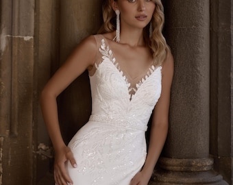 Elegant Mermaid Wedding Dress, Bridal Gown With Lace Bodice & Sheer Straps, Fitted Bridal Dress With Train, Ivory Modern Wedding Gown