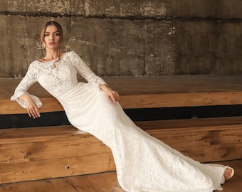 Mermaid Lace Wedding Dress For Women, Open Back Wedding Dress, Boho Style Wedding Gown with Train, Fitted Gown with Long Sleeve, Custom Size