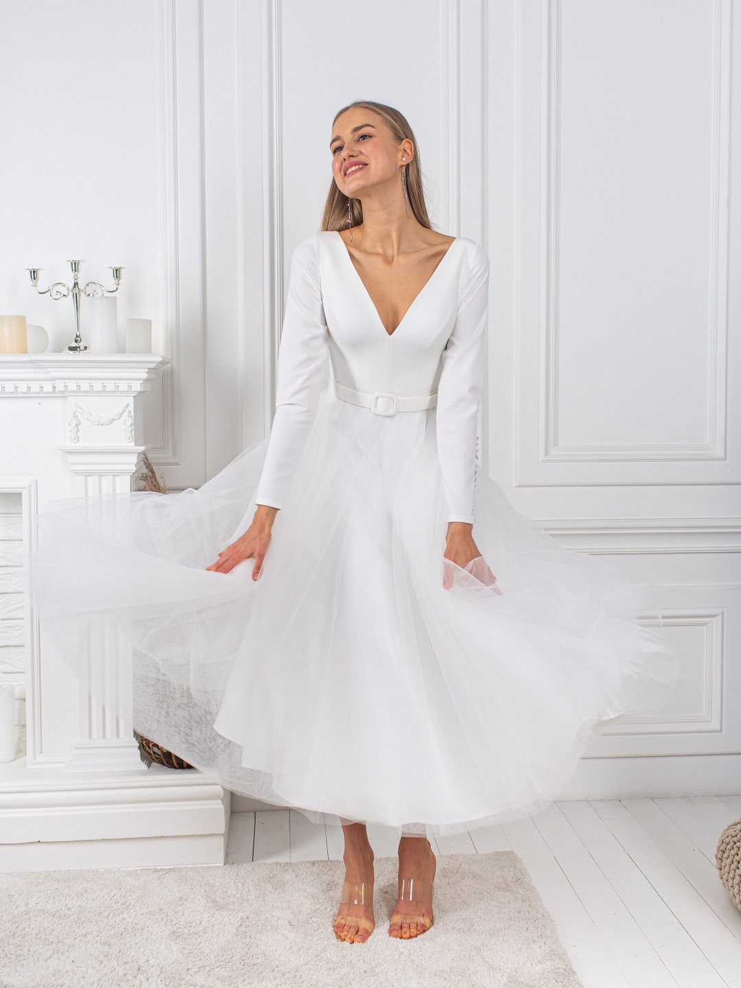 Midi Wedding Dress With V-neckline and Long Sleeves, Bridal Dress With ...