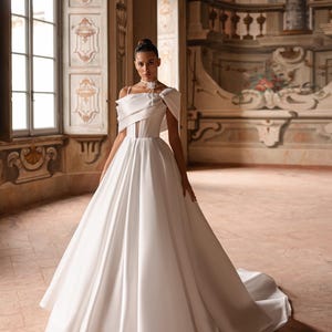 mikado a-line wedding dress with removable train Mikado A-Line Wedding Dress with Reverse Sweetheart Neckline, Drop-down waist & Chapel Train 8