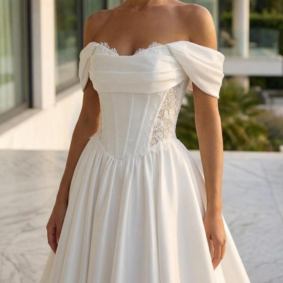 a line corset back wedding dress A-Line Satin with Lace Detail Corset, Minimalist Off Shoulder Bridal Gown with Slit, Lace-Up and Train, Classic Wedding LowStock:42188702548019 The 8 Best Backless Dress Fit:Regular please consult our rush