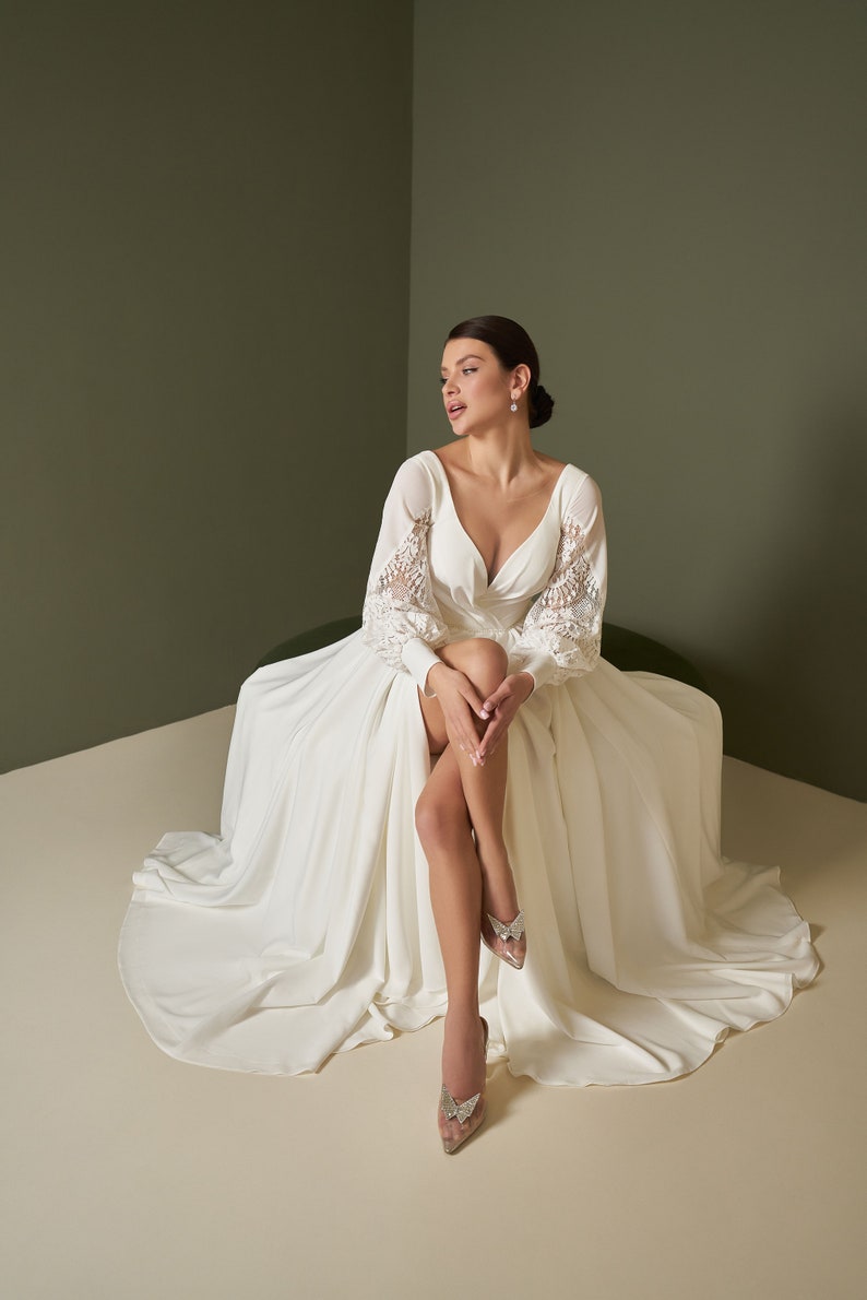 Simple Chiffon Wedding Dress Boho Bridal Dress with Lace Minimalist Elopement Dress with Long Sleeve Beach Bridal Gown Custom Size image 7