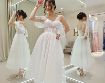 Elegant Corset Wedding Dress, Flowing Midi Wedding Dress, Simple Tea Length Short Bridal Dress, Minimalist Wedding Dress, Simple Bridal Gown