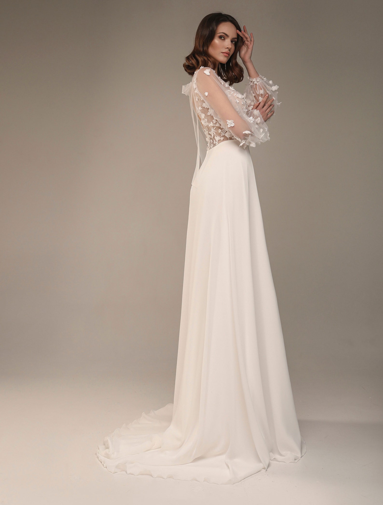 Balloon Sleeve Designer Floral Chiffon Off-shoulder Bridal Dress