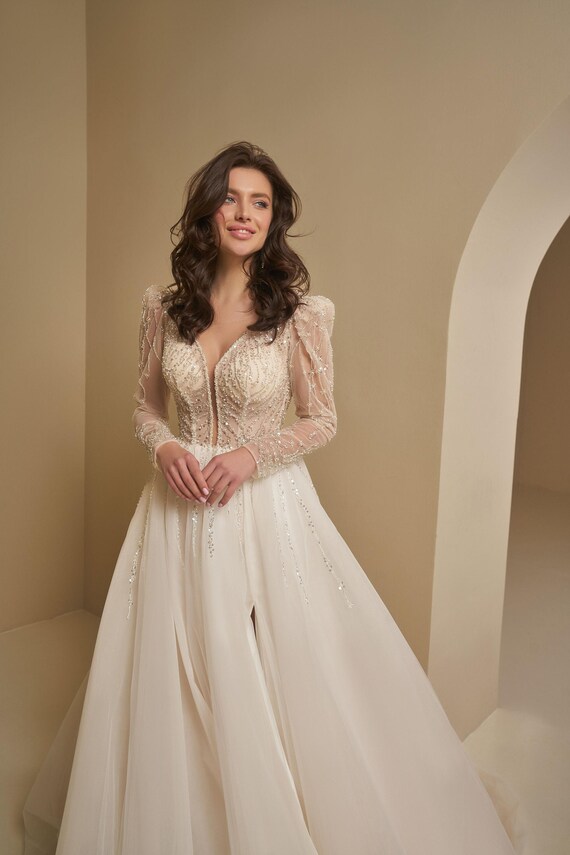 Sparkly Open Back Wedding Dress With Long Sleeves, Handmade Beaded  Embroidered Dress, Beaded Corset Gown, Fairytale Princess Dress - Etsy  Norway