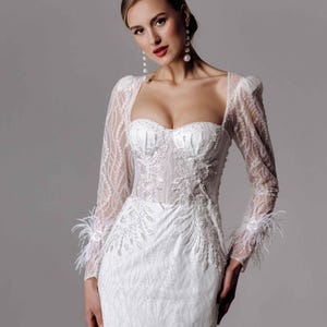 Fitted Mermaid Wedding Dress with Sexy Sweetheart Corset, Beaded Feather Wedding Dress, Lace Applique Wedding Gown, Custom Size Bridal Dress
