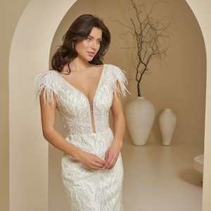 Dainty Bridal Dress With Train, Beautiful & Sparkly Wedding Dress, Feather Embellished Cap Sleeve, Beaded Wedding Dress, Mermaid Bridal Gown